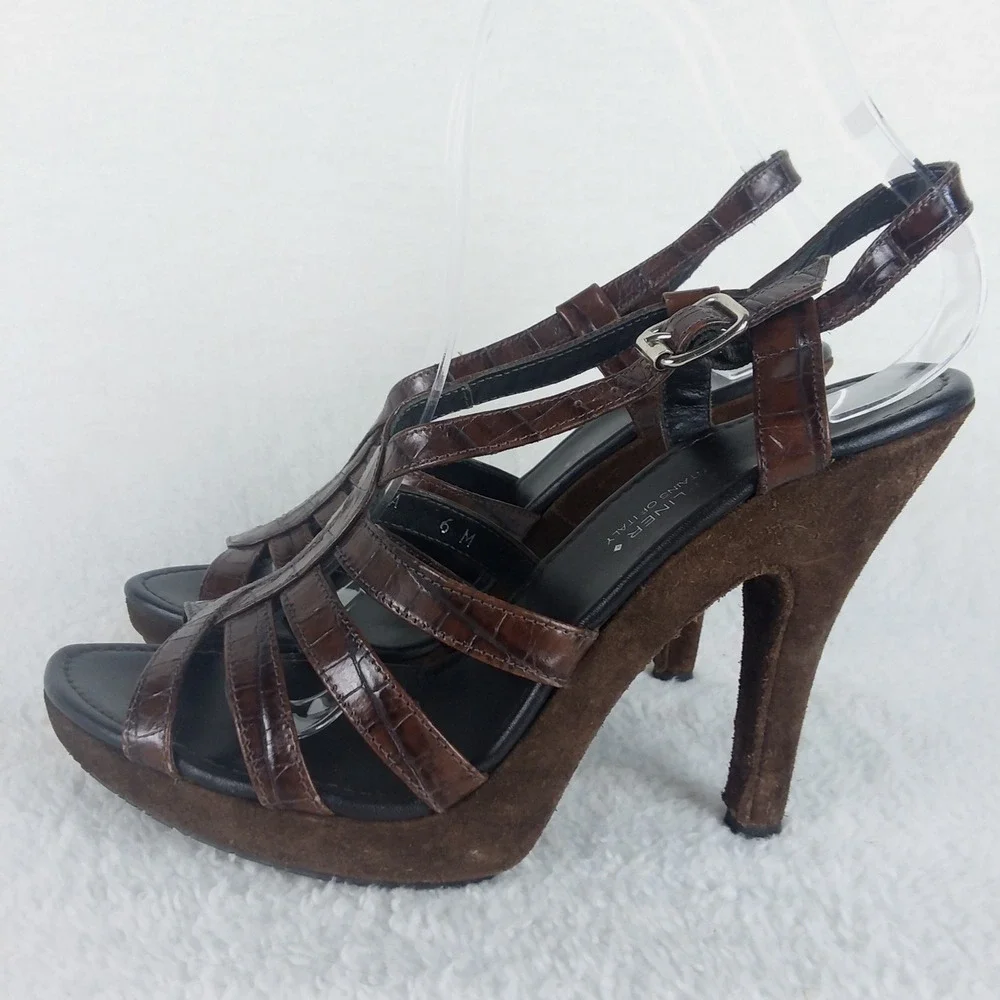 Donald Pliner Gisa Brown Snake‎ Print Leather Slingback Platform Heels Womens 6M